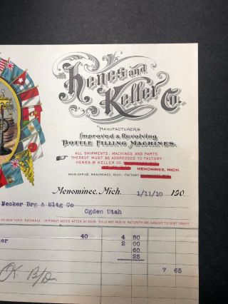 1910 Prepro Henes Keller Menomine Michigan Beer Barrel Bottle Brewing Letterhead 3
