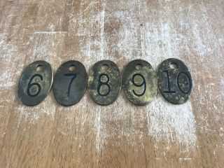 5 Vtg Brass Cow Tags,  6,  7,  8,  9,  10,  Dairy Farm,  Double Sided