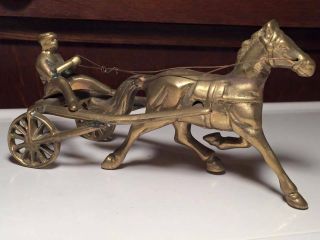 Antique Brass Race Horse And Driver Figurine