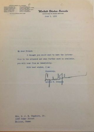Lyndon Johnson Signed Letter (1952) Re: Major Chambers Army Career