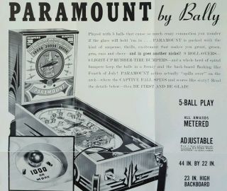 Paramount By Bally Pinball Machine Trade Poster - Handbill C.  1940