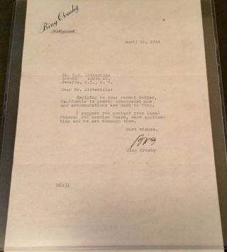 Bing Crosby Autograph Signed Letter
