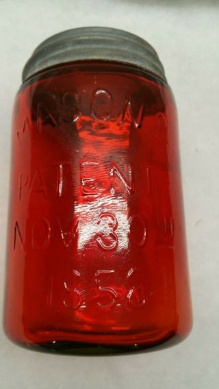 Vintage Mason`s Patent Nov.  30th 1858 Pint Fruit Jar Zinc Lid Yellow Red Amber
