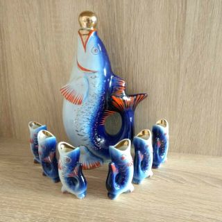 Old Soviet Porcelain Decanter Set,  6 Glasses Of Ussr Fish