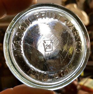 Rare Fruit Jar Insert Emb.  Mason Fruit Jar Co.  Keystone Symbol With “20” Center