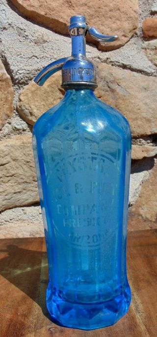 Antique Prescott Arizona Blue Seltzer Soda Bottle Crystal Ice & Fuel Company