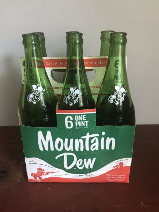 Vintage Mountain Dew Hillbilly 6 Pack Carrier & Bottles Rare,  Green 1960s