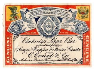 1890s Anheuser Busch Brewing Assn,  St Louis,  Mo Budweiser Pre - Pro Beer Label