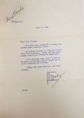 " White Christmas " Bing Crosby Hand Signed Letter Dated 1948 Todd Mueller