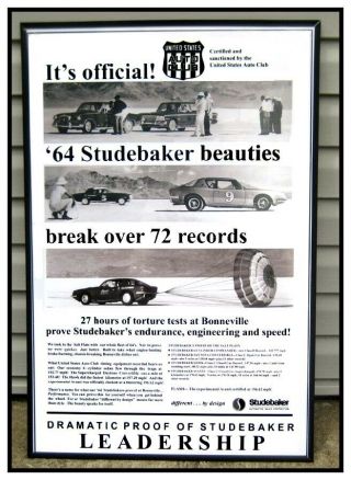 1964 Studebaker Avanti Showroom Poster Bonneville Record Runs 24 X 36 "