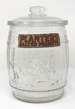 Vintage Planters Peanuts Glass Barrel Store Counter Jar W/lid Scp