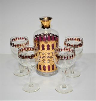 Vintage Red Ruby Gold Triimmed Glass Decanter With 4 Goblets Glass 603