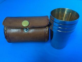 Vintage Stainless Steel Shot Cups (Gold - Tone Interiors) w/ Orig.  Leather Case 5