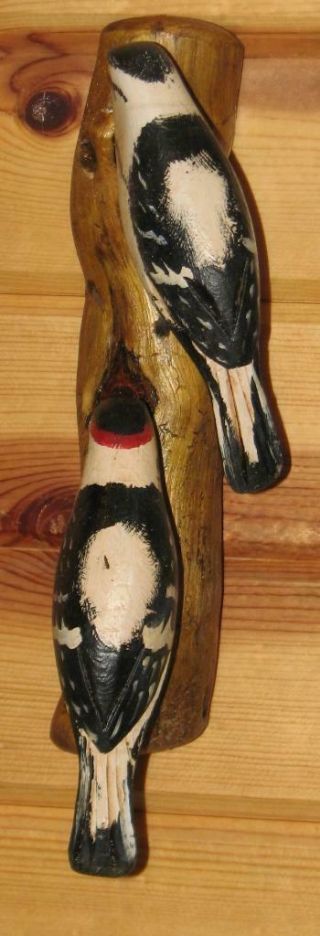 Rare Double Downy Woodpecker Carved Jim Slack Pekin Il Bird Figure Wall Mount