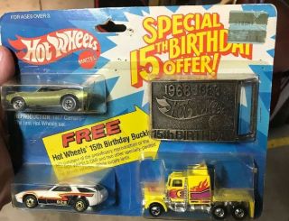 Hot Wheels Special 15th Birthday Offer 67’camaro,  928 Porsche,  Big Rig,  Buckle