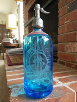 Morris Schuster Seltzer Bottle Ny Blue Czech Syphon With Matching Top