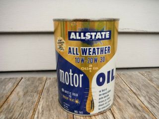 Vintage 1 Quart Allstate All Weather Motor Oil Can Full Metal Nr Man Cave