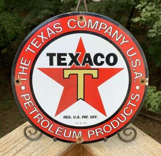 Vintage Texaco Gasoline Star & Green T 11 & 3/4 " Porcelain Metal Gas & Oil Sign