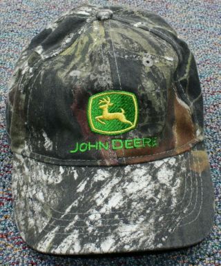 John Deere Strapback Hat Green Camo Camouflage Embroidered Logo Spellout Cap Euc