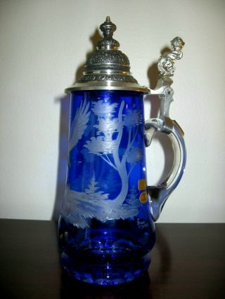 German Bavarian Stein - Etched Cobalt Blue Glass - Limited Edition - Exquisite