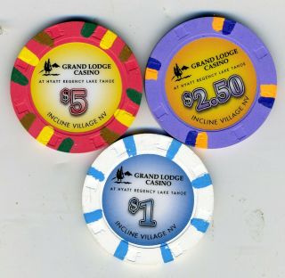 3 - Chip Set - $5,  $2.  50,  $1 - From The Grand Lodge Casino,  Lake Tahoe