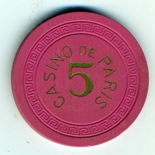 1950s $5 Chip From Casino De Paris,  Lake Tahoe,  Book Value $40 - $49
