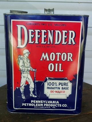 Vintage Defender Motor Oil 2 Gallon Can With Soldier