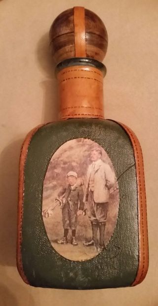 Vintage Italy Leather Wrapped Liquor Bottle Decanter Golf Golfer Wood Ball Cork