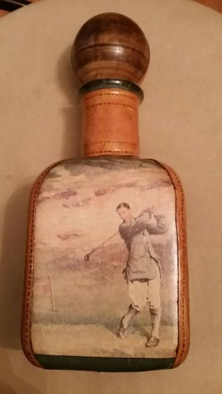 Vintage Italy Leather Wrapped Liquor Bottle Decanter GOLF Golfer Wood Ball Cork 3
