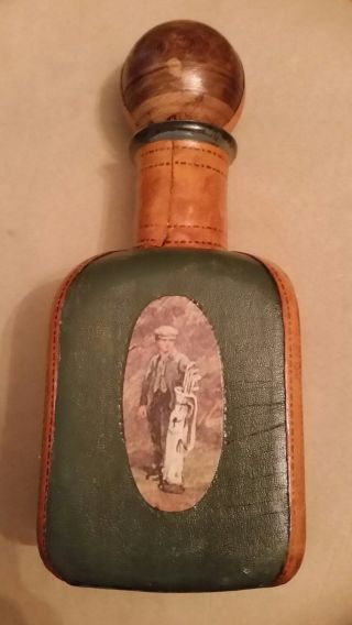 Vintage Italy Leather Wrapped Liquor Bottle Decanter GOLF Golfer Wood Ball Cork 4