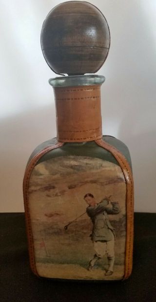 Vintage Italy Leather Wrapped Liquor Bottle Decanter GOLF Golfer Wood Ball Cork 8