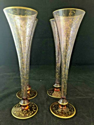 Collectors: A Set Of 4 Vintage Hand Painted Cranberry Champagne Flutes $1 Start