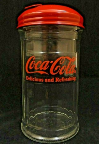 Nos Vintage 1992 Coca - Cola Glass Sugar Shaker Jar Red Metal Lid Restaurant Style