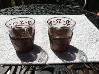 Set Of Two Cowboy Glasses With Longhorn Leather Coasters