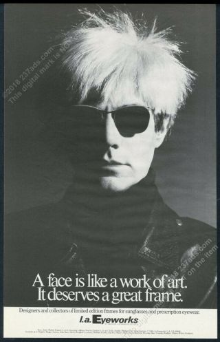 1985 Andy Warhol Big Photo By Greg Gorman L.  A.  Eyeworks Glasses Vintage Print Ad