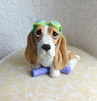 Basset Hound Summer Swimming Sculpture Clay Figurine By Raquel At Thewrc Ooak