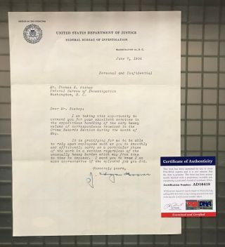 J.  Edgar Hoover Signed 1954 Typed Fbi Letter Autographed Auto Psa/dna