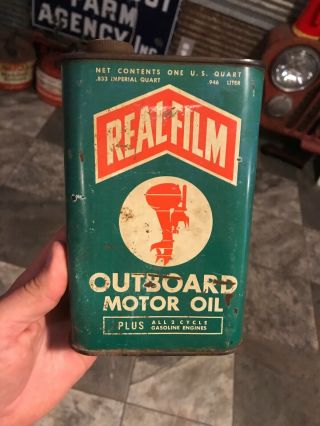 Vintage Real Film Outboard Motor Oil Can Great Graphics Rare Flat Quart