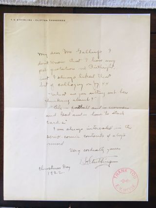 1922 T.  S.  Stribling Handwritten Letter To Mr.  Gallup