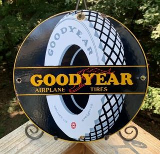 Vintage Good Year Tire Porcelain Enamel Sign 11 3/4 Gasoline Oil Pump Plate