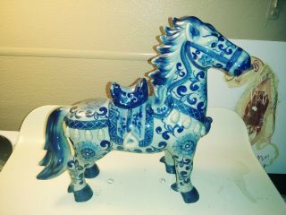 Vintage Blue Porcelain Horse Figurine Asian Design