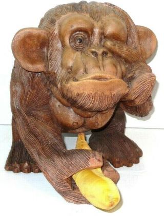 Sexy Sculpture Gorilla Hand - Carved Wood Ape Holding Banana Lg.  11 " Figure Statue