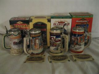 Signed & Numbered 4 Budweiser Holiday Steins 1996 - 97 - 98 - 99 Lidded