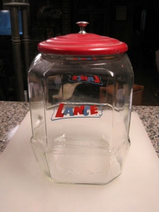Vintage Large 10.  25 " Glass Lance Store Display Jar With Metal Lid B8655