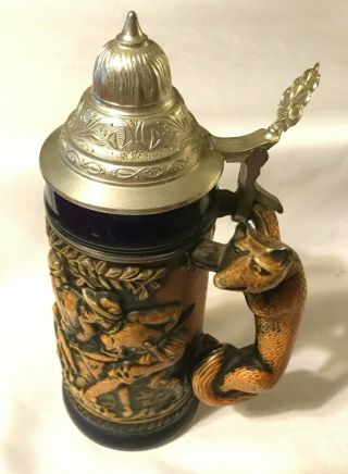 Estate Collectible 1862 Gerz Germany Lidded Beer Stein Fox Handled Hunt Rare