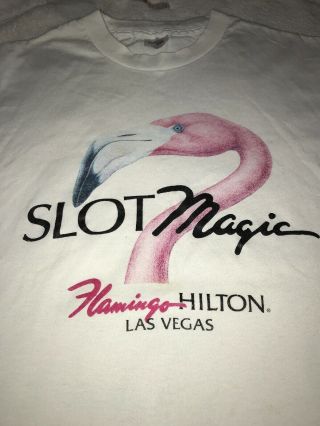 Vtg Las Vegas Flamingo Hilton Hotel White T Shirt Slot Magic Pink Flamingo Large