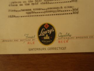 1930 ' s LEARY ' S ALE & BEER menu sheet Waterbury Brewing Co Connecticut red fox 5