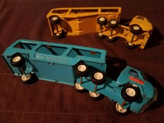 Vintage Buddy L Truck with Trailer 1960 ' s Car Carrier/Transporter blue & yellow 3