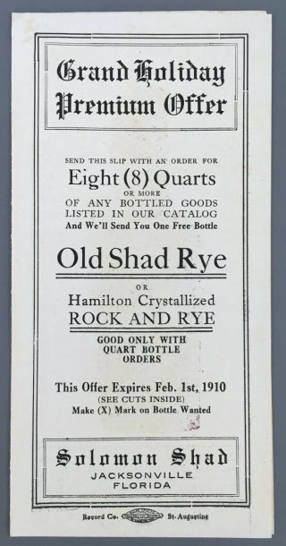 1910 Pre Prohibition Solomon Shad Whiskey Sales Flyer Rock Rye Jacksonville Fl