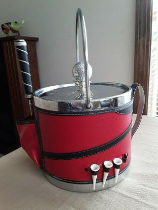 Vintage Barware Golf Bag Ice Bucket Chrome Trim With Ice Scoop And Tees